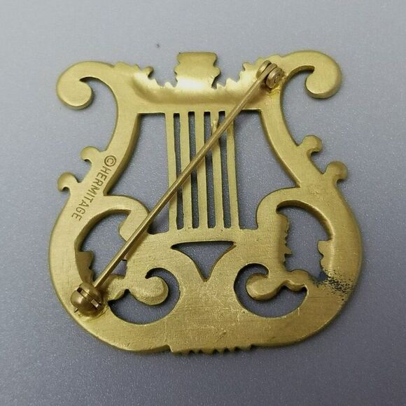 Vintage Hermitage Harp Satin Gold Tone Brooch, Signed Lapel Pin, Estate - Picture 3 of 8